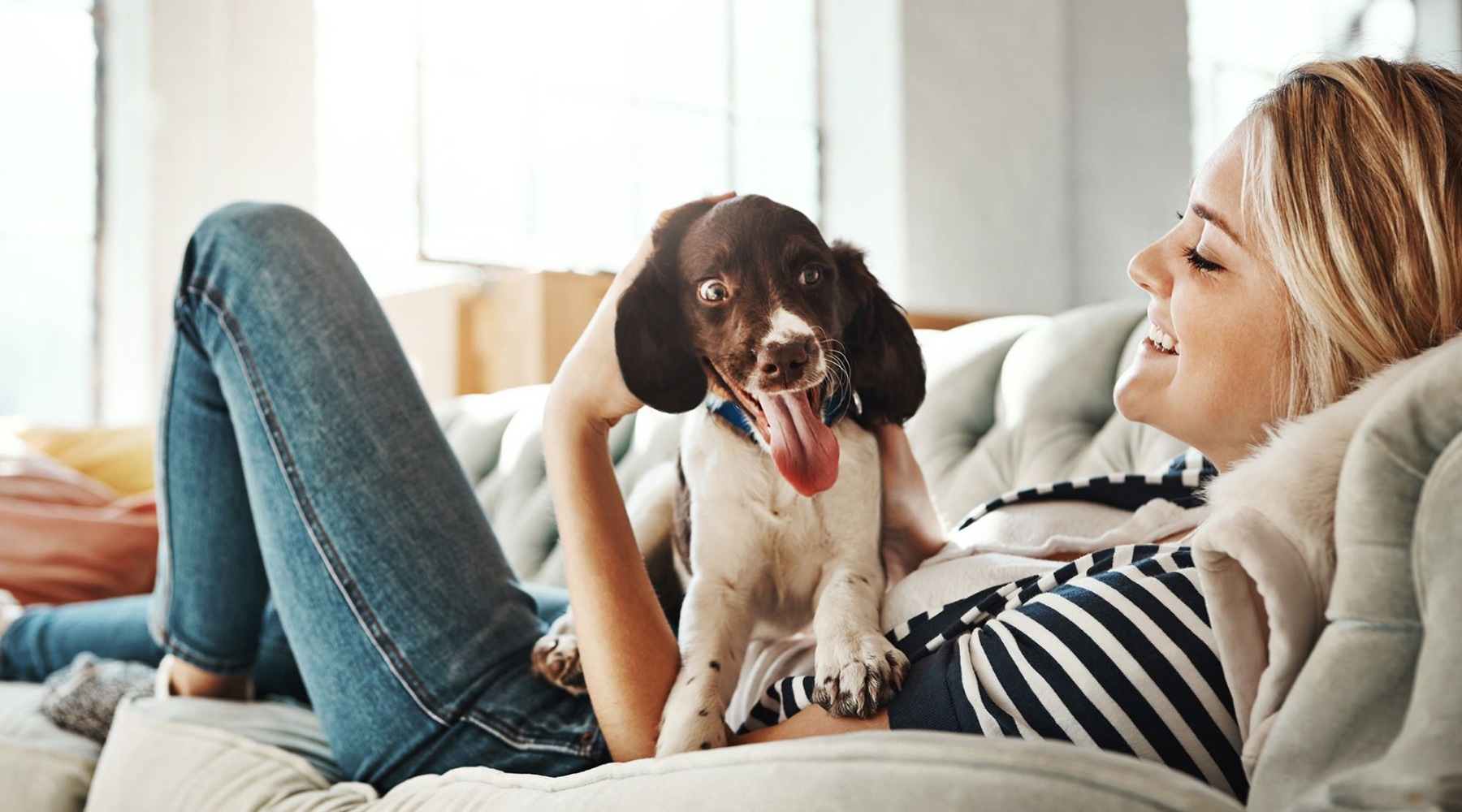 a woman and a dog on a couch