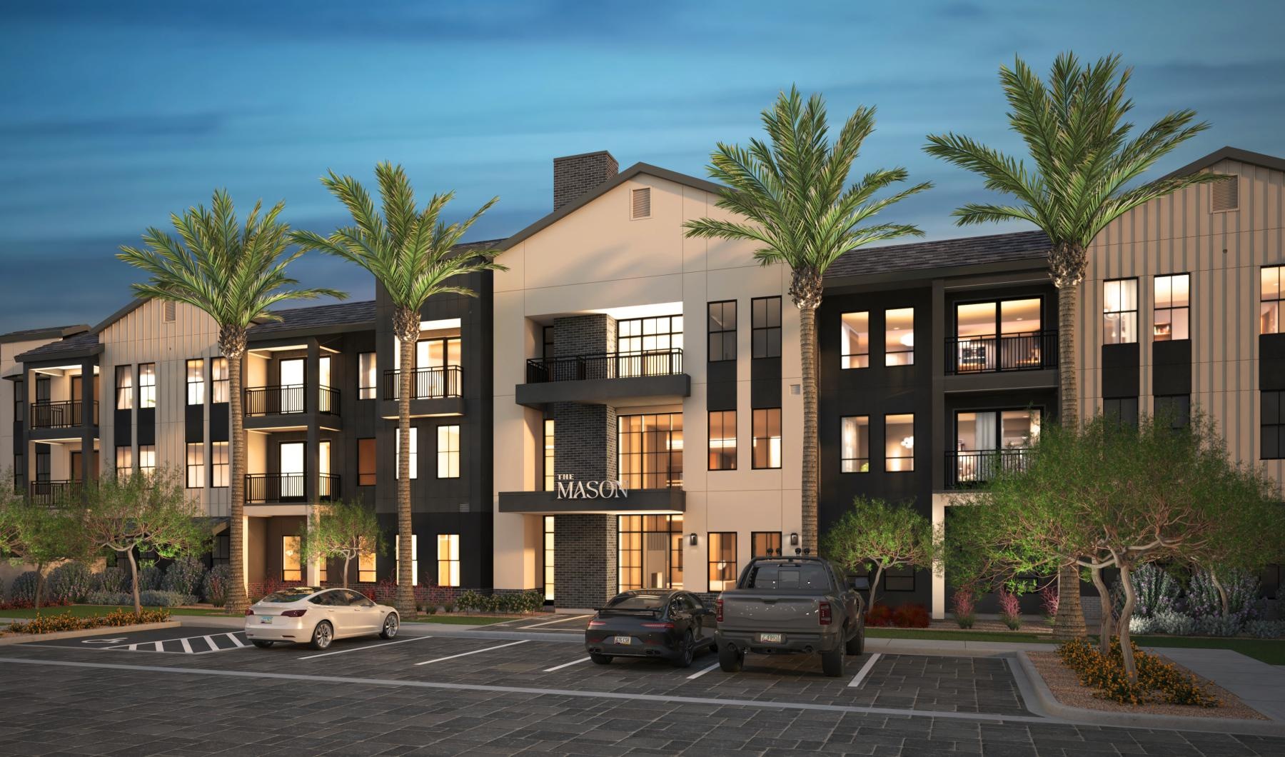 Settle into comfort at The Mason a building with cars parked in front