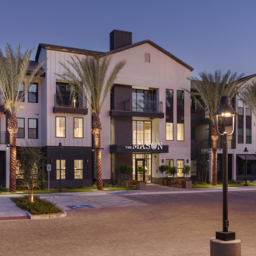 Community exterior at dusk
