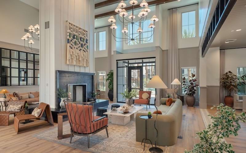 a living room with a fireplace