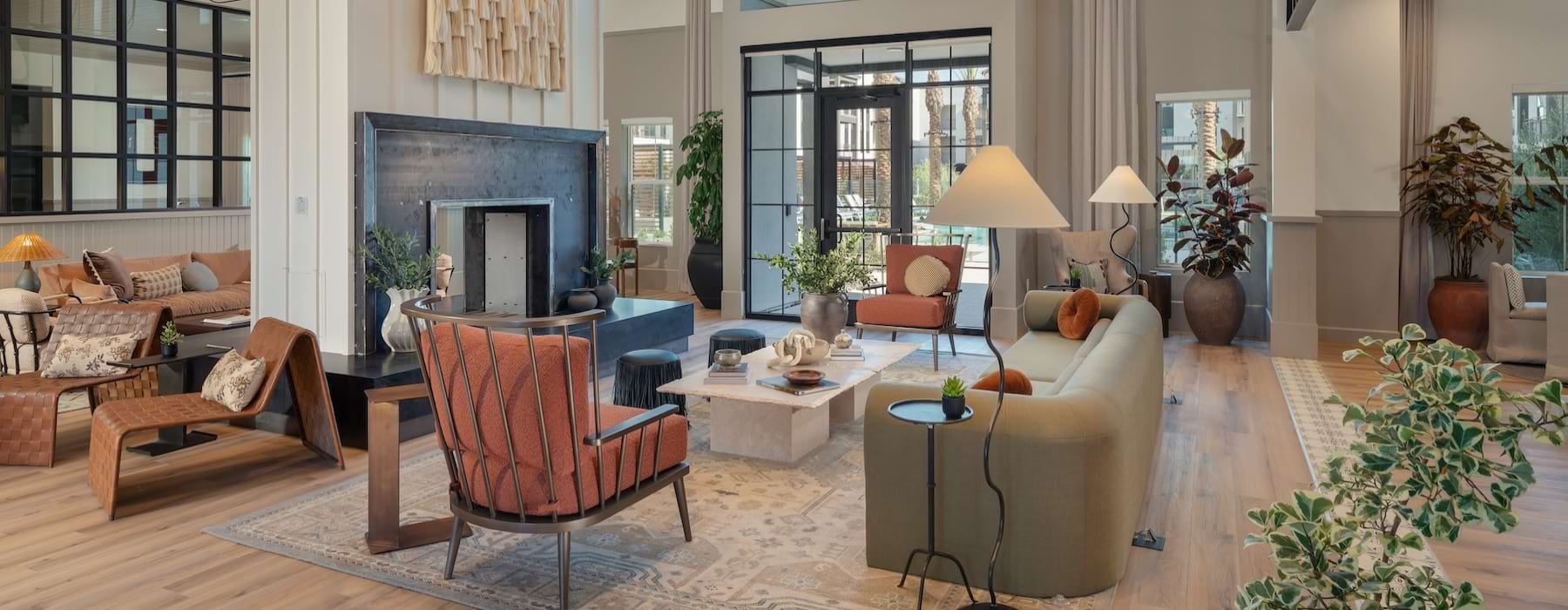 a living space with fireplace