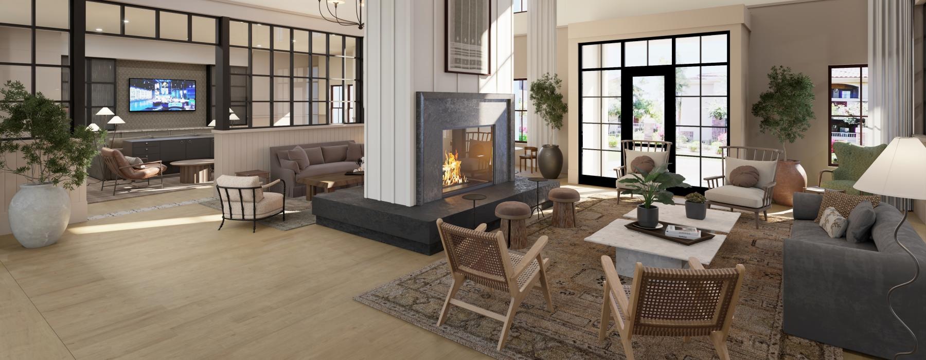 a living room with a fireplace